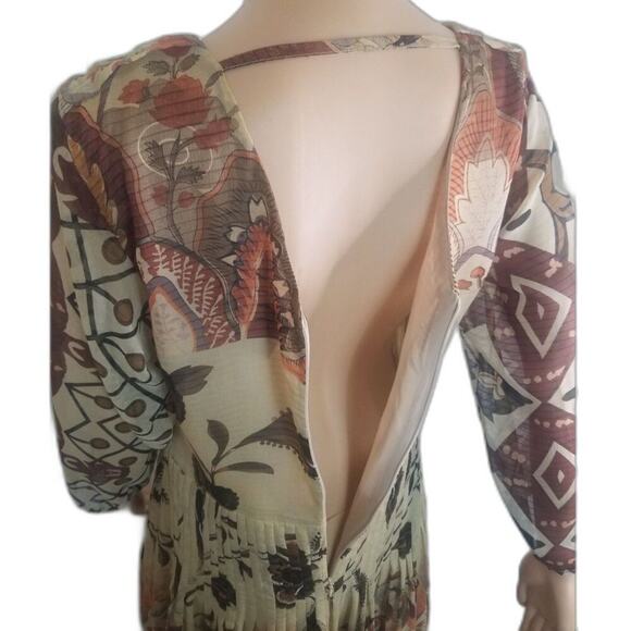 Desigual by Christian Lacroix Brown Pleated Floral Midi Long Sleeve Dress Size 8 - Picture 6 of 8